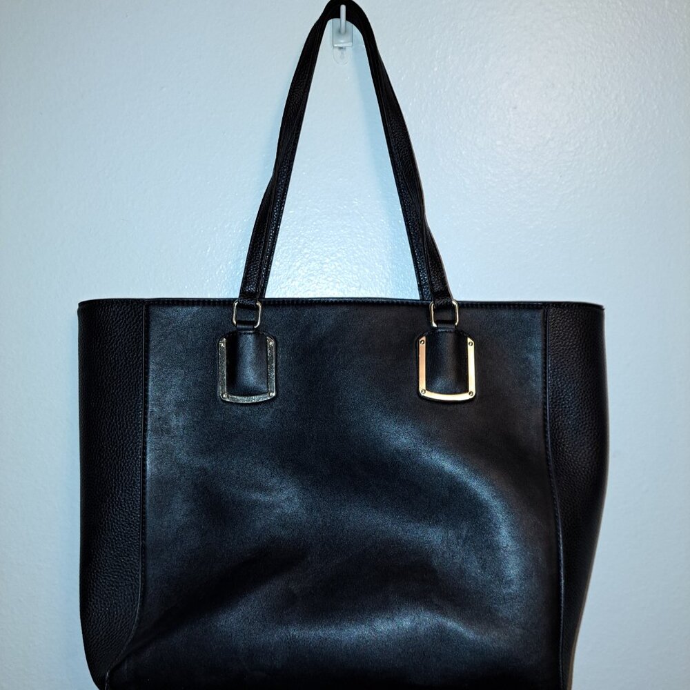 Nine West Womens Black Leather Double Strap Bottom Stud Tote Bag Removable Pouch - Picture 5 of 9